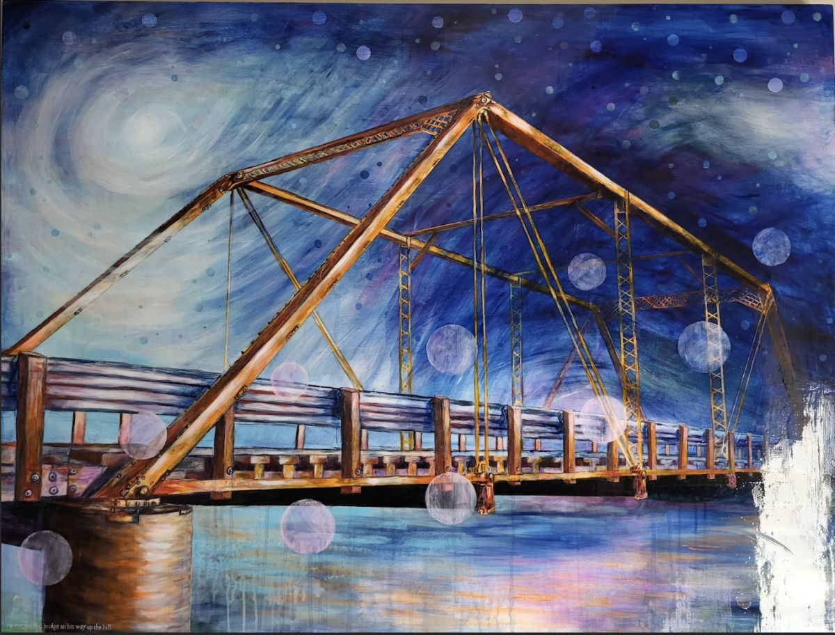 Bill’s acrylic 36” x 48” on wood panel painting, He crossed this bridge on his way up the hill, features the bridge on Rosedale Road which crosses Indian Creek in Southeast Cedar Rapids. Bill’s signature “ancestor spirits” appear as orbs throughout the painting.